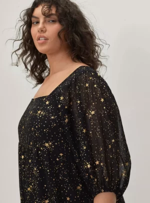 Plus Size Star Print Puff Sleeve Maxi Dress